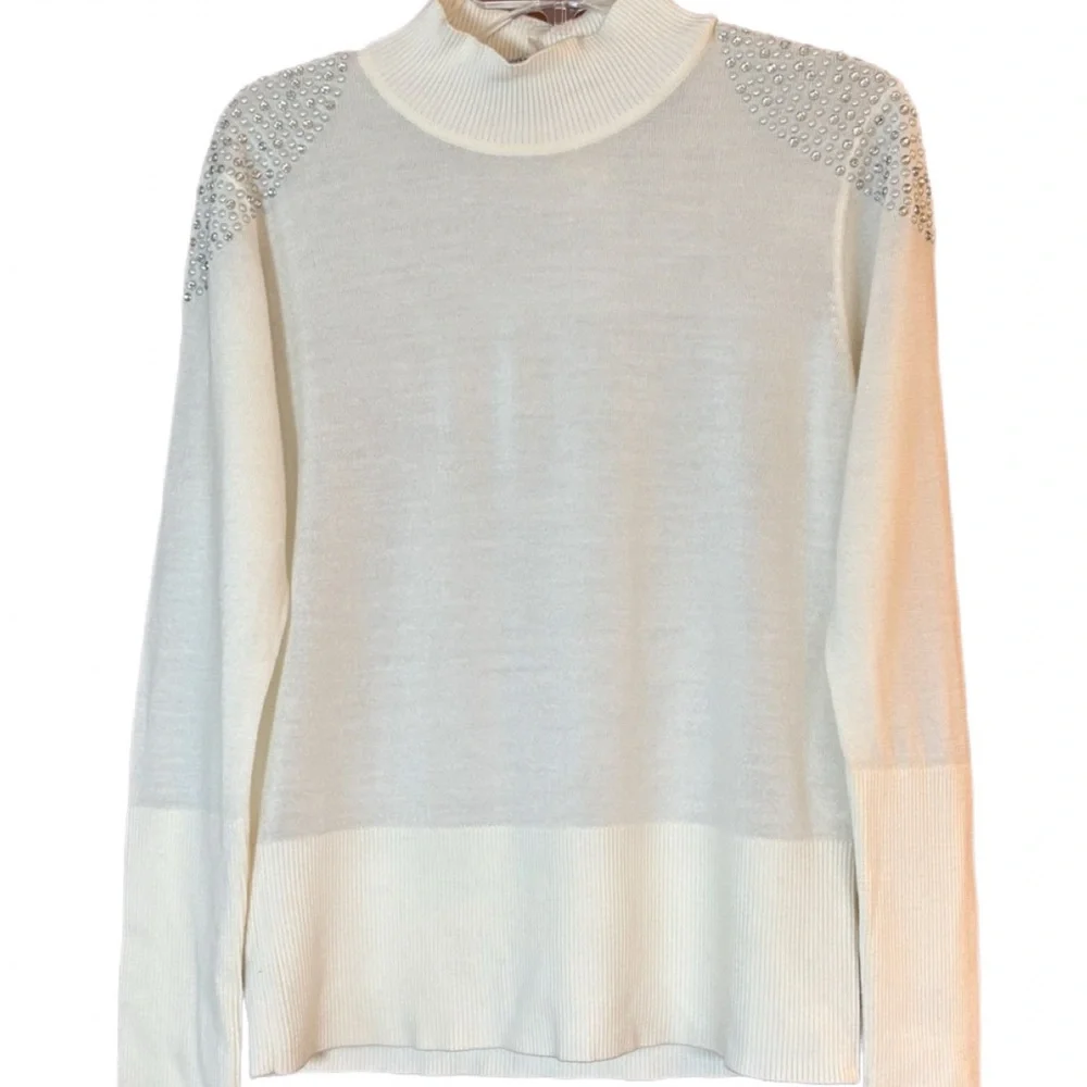 Karl Lagerfeld Paris Ivory Mock Neck Merino Wool Jeweled Shoulder Sweater M NWT - Picture 2 of 6
